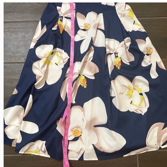 Beautiful navy blue dress with floral skirt and orange sash tie back zip large - Picture 10 of 13